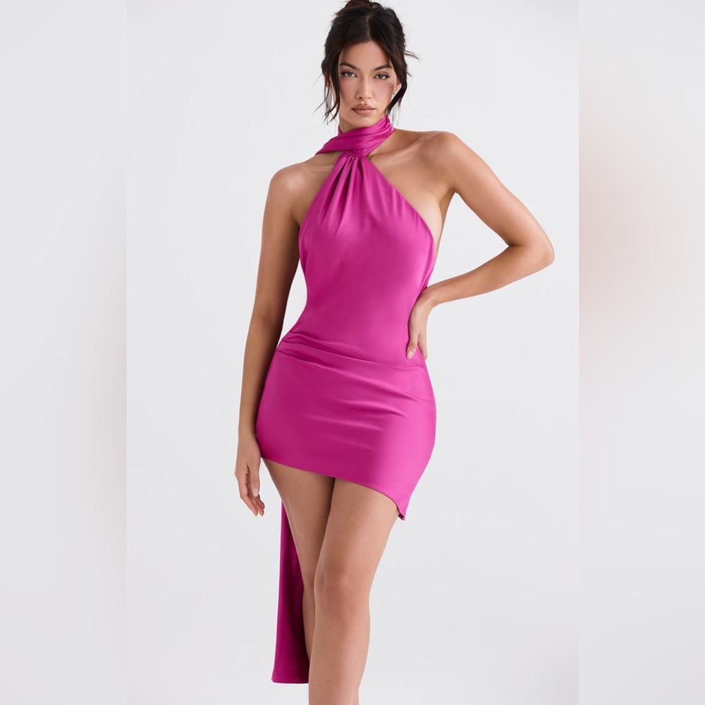 House of CB AIDA Hot Pink Asymmetric Wrap Neck Mini Dress | XS